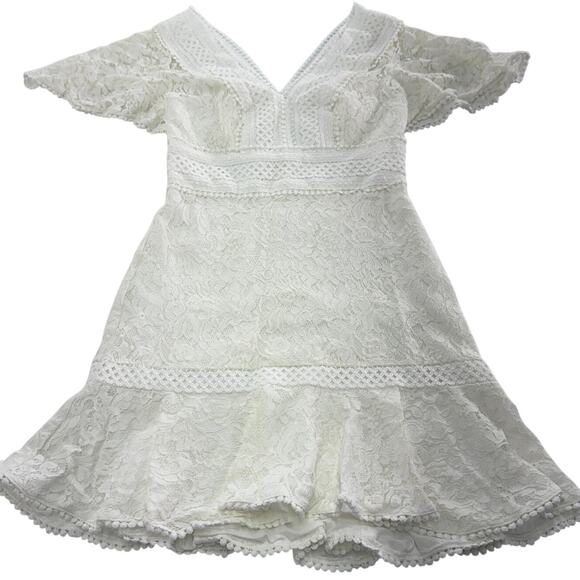Eliza J Dress Womens 4 White Lace Plunge V Neck Flutter Sleeve Mini Bridal - Picture 2 of 9